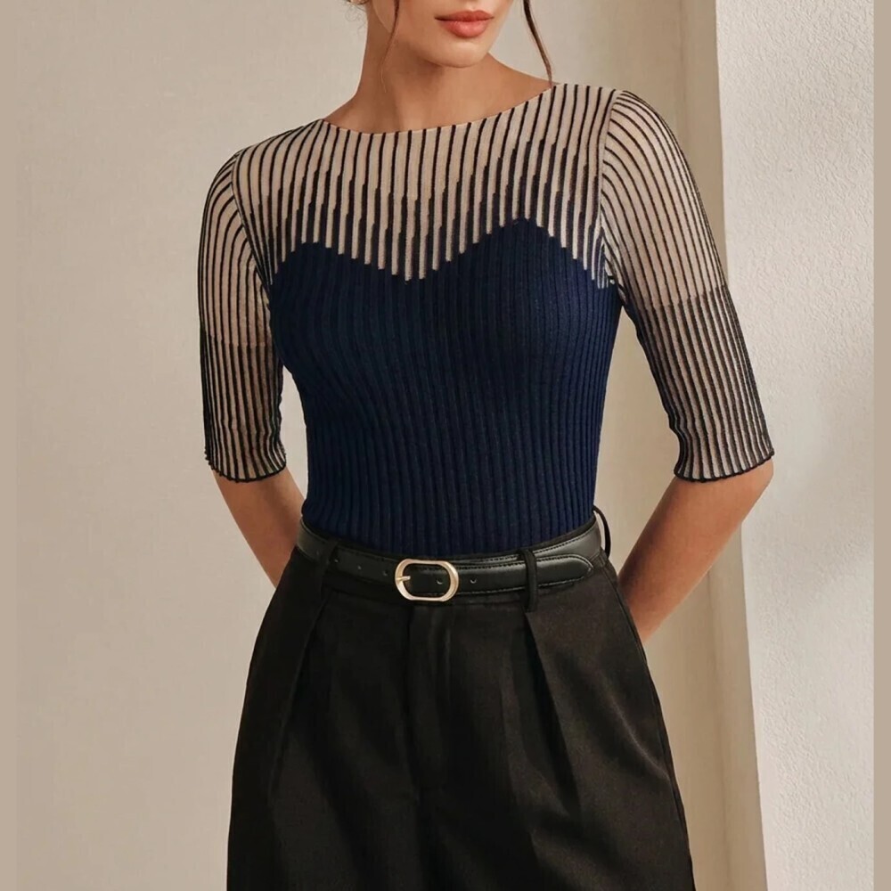 Navy / Tan Ribbed Knit Striped Mesh Yoke Slim Fit Top
